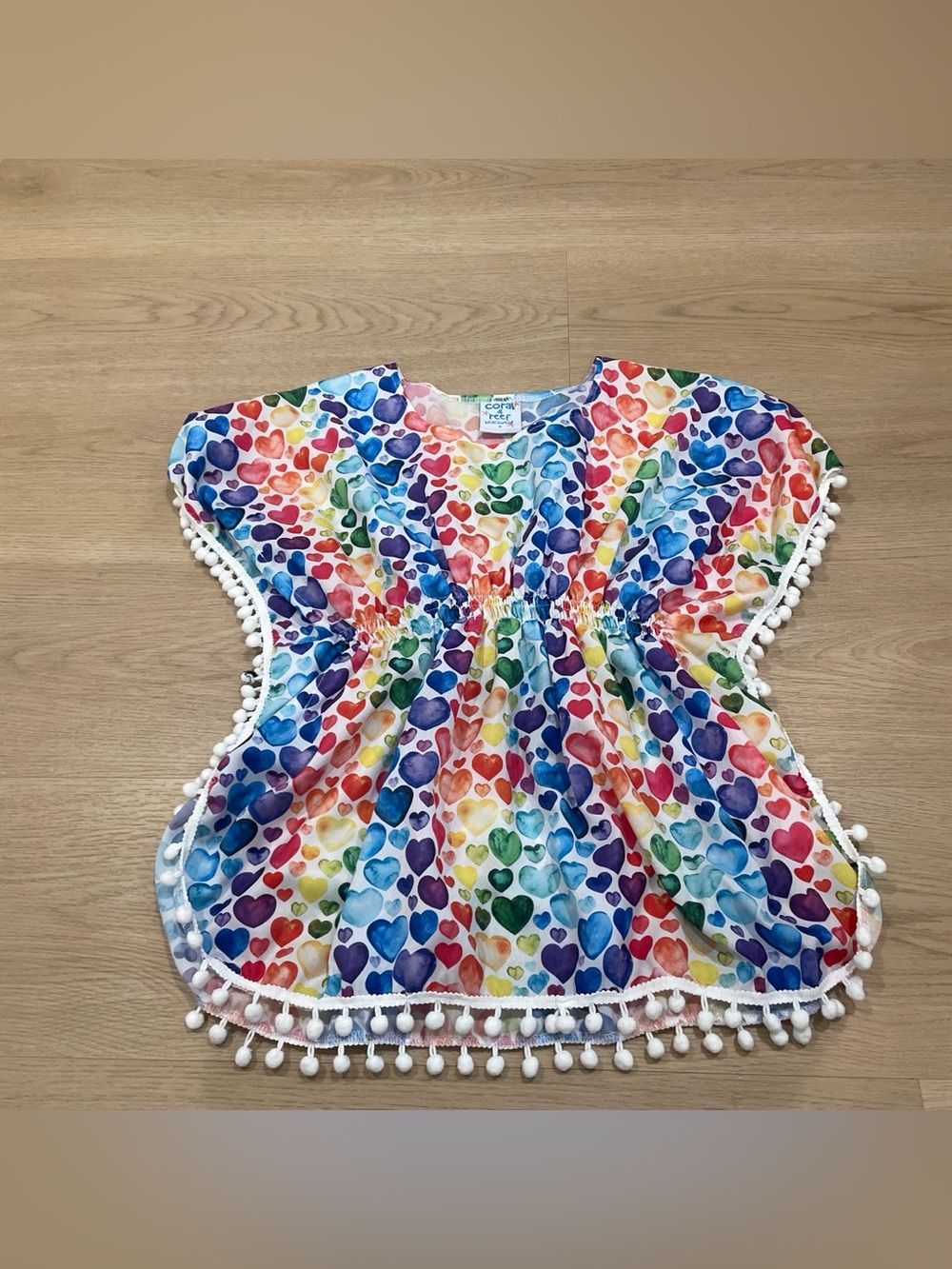 Kids Rainbow Heart Pom-Pom Swim Coverup - Multicolor